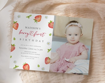 Strawberry Birthday Photo Invitation : Berry First (Editable/Printable template, Instant Download) #H073