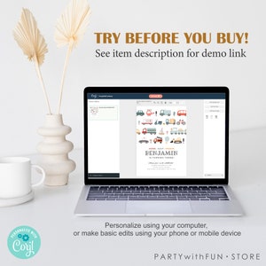 May include: A laptop computer screen displaying a digital invitation template for a child's birthday party. The invitation features a colorful illustration of various vehicles and the text "HONK. BEEF. VROOM. BENJAMIN IS TURNING THREE!" The text "TRY BEFORE YOU BUY! See item description for demo link" is displayed above the laptop.