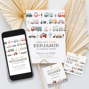 Bewerkbare transport verjaardagsuitnodiging set, transport telefoon uitnodigen, transport gunst Tags, Instant Download, #H025