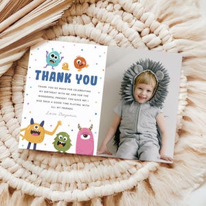 Monster Birthday Thank You Card, Little Monster Thank You Note with Photo, Boy Birthday, Instant Download, Editable/Printable Template, H017