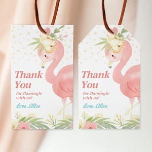 Flamingo Birthday Favor Tags, Summer Birthday Thank You Note, Pink Gift Tag, Girl Birthday, Instant Download, Editable/Printable template