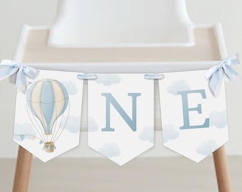Hot Air Balloon ONE High Chair Banner, Up up and Away Birthday Banner, Boy 1st Birthday, Instant Download, Editable/Printable template,#H001