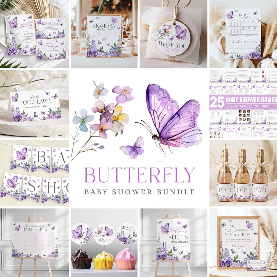 Purple Butterfly Baby Shower Bundle : Flower Garden Party, Invitation ...