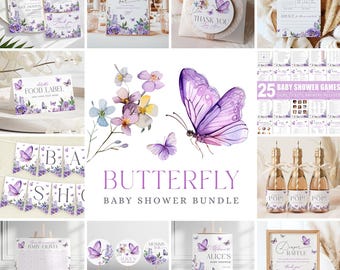 Paquete para Baby Shower Mariposa Morada: Fiesta en el Jardín de Flores, Invitación y Decoraciones (Descarga instantánea, Plantilla editable/imprimible) #S049