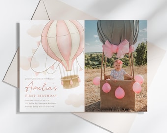 Różowy balon na gorące powietrze Urodziny Zaproszenie ze zdjęciem, Balon na gorące powietrze Zaproszenie, Urodziny dziewczyny, Natychmiastowe pobranie, Szablon do edycji/wydruku, #H001