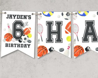 May include: White banner with a sports theme. The banner says "Jayden's 6th Birthday" and has images of basketballs, baseballs, volleyballs, bowling pins, tennis rackets, and soccer balls.