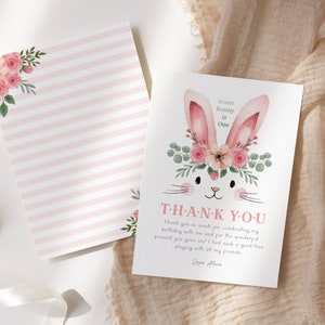 Editable Bunny Birthday Thank You Card, Some Bunny is One Party Thank ...