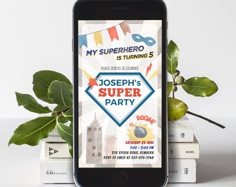 Editable Superhero E-invitation, Superhero Party Digital Invite, Invitation for Phone, Evite Template, Birthday Boy, Instant Download, #H012