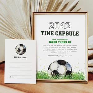 Placa de cápsula do tempo de aniversário de futebol, cartão de mensagem correspondente, decoração de aniversário de 1 ano para menino, download instantâneo, modelo editável/imprimível, #H047