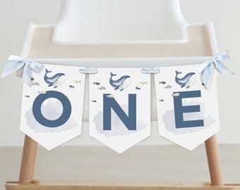 Whale ONE High Chair Banner : Under the Sea Party (Instant Download, Editable/Printable template) #H005