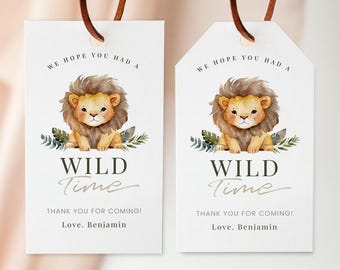 Lion Birthday Favor Tags: Minimalist, Wild One, 2x3,5 (Sofortdownload, bearbeitbare / druckbare Vorlage) # H026