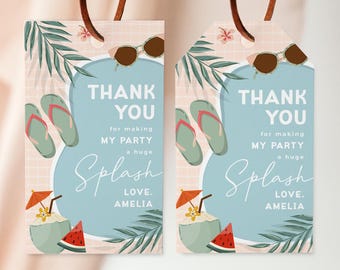 May include: Two blue and white thank you tags with a pool, flip flops, sunglasses, watermelon, and a coconut drink. The text reads "Thank you for making my party a huge splash. Love, Amelia."