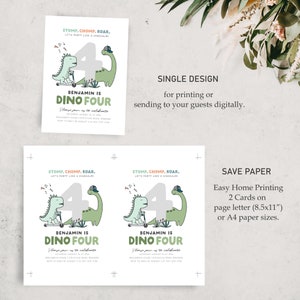 May include: Two printable dinosaur-themed birthday invitations for a child turning four. The invitations feature a green dinosaur with a blue hat riding a scooter and a larger green dinosaur with a gray hat. The text on the invitations reads "Stomp. Chomp. Roar. Let's party like a dinosaur!" and "Benjamin is Dino Four. Please join us to celebrate."