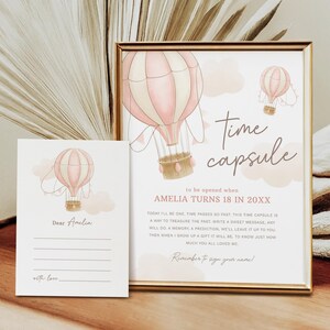 Capsule temporelle rose en montgolfière, carte de message assortie, décoration pour le 1er anniversaire d'une fille, téléchargement immédiat, modèle modifiable/imprimable, #H001