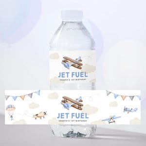 Airplane Birthday Water Bottle Label, Pilot Party Bottle Wrap, Airplane Birthday Decor, Instant Download, Editable/Printable Template, #H059