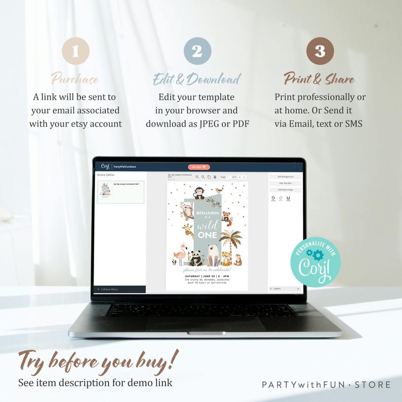 Safari Animals Birthday Favor Tags, Wild One Party Gift Tags, Boy