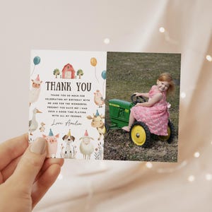 Carte de remerciement photo d'anniversaire à la ferme, Mot de remerciement pour la fête de la basse-cour, carte animaux de la ferme, modèle modifiable/imprimable, téléchargement immédiat, #H053