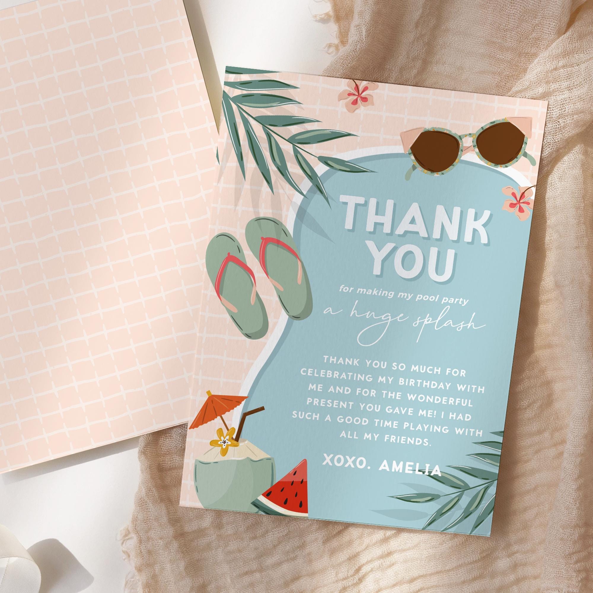 Editable Pool Party Thank You Card, Girl Summer Birthday Thank You Note ...