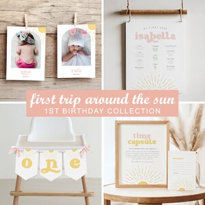 Pacote editável de aniversário Boho Sunshine, primeira viagem ao redor do sol, decoração de primeiro aniversário de menina, download instantâneo, modelo para impressão, #H033