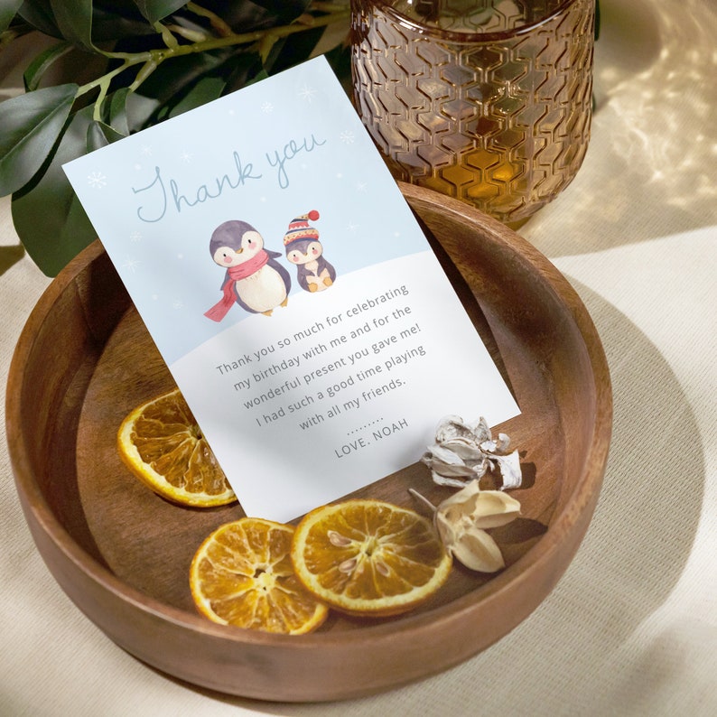 Editable Penguin Birthday Thank You Card Christmas Party Etsy