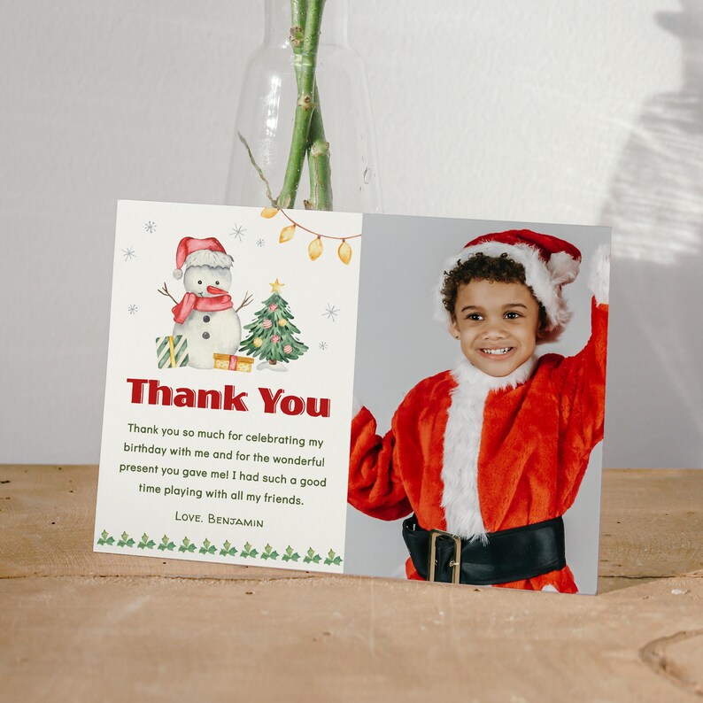 Editable Snowman Birthday Thank You Card With Photo, Christmas Thank ...