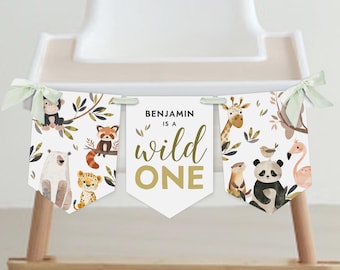 Safari Animals ONE High Chair Banner : Wild One Birthday (Editable/Printable template, Instant Download) #H072