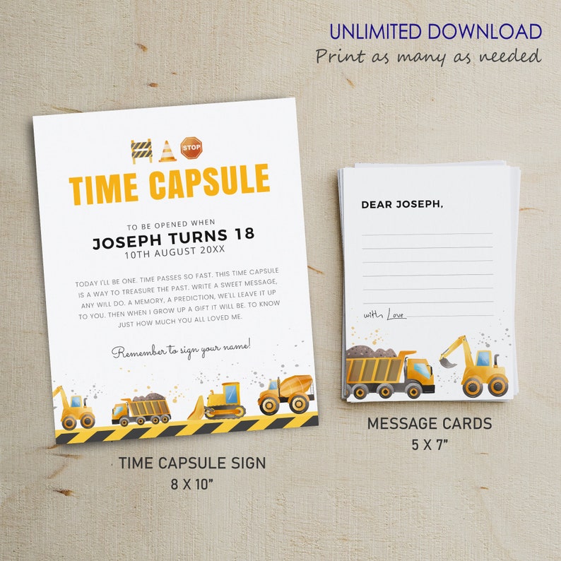 Editable Construction First Birthday Time Capsule Sign, Digger Message ...