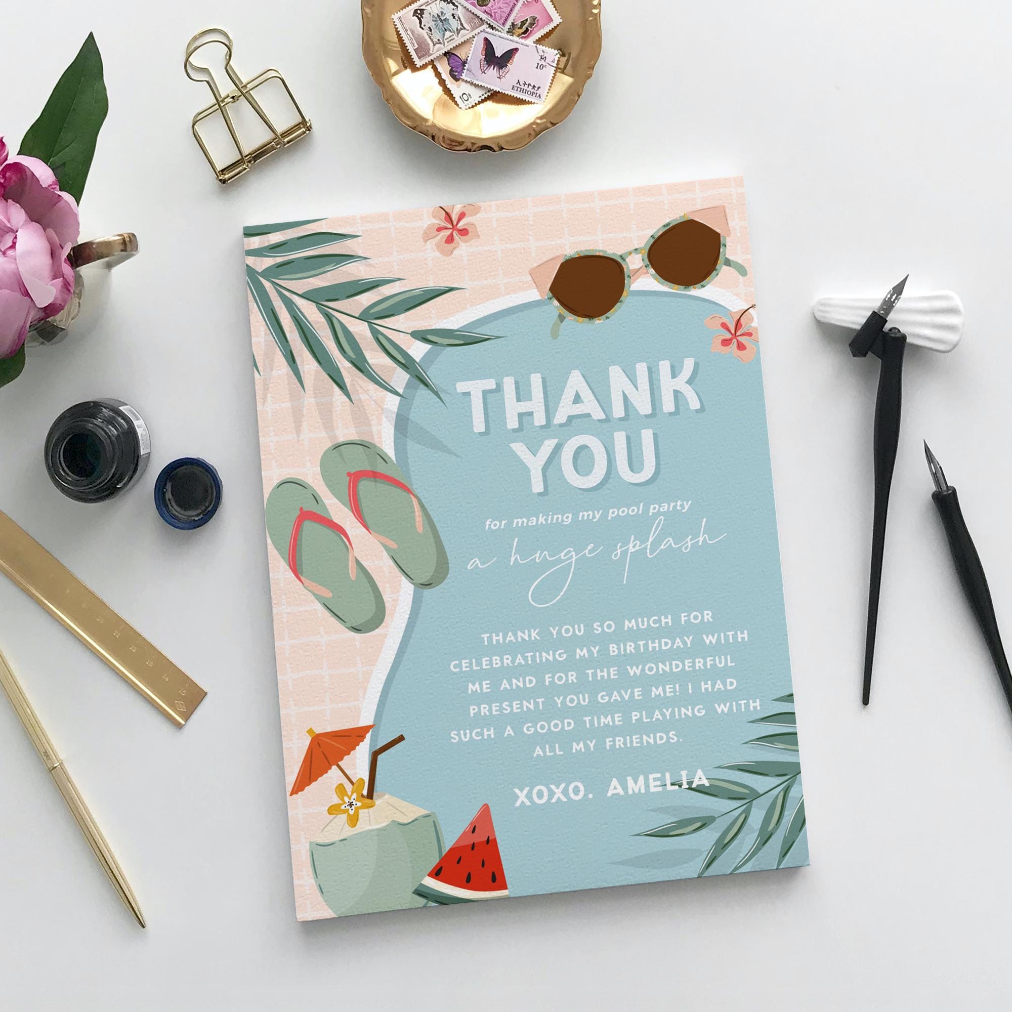 Editable Pool Party Thank You Card, Girl Summer Birthday Thank You Note ...