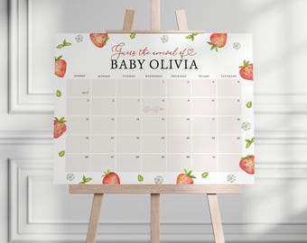 Calendario de fecha de parto para baby shower con temática de fresas: Plantilla editable/imprimible (descarga instantánea) #S073