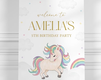 Einhorn-Geburtstagsfeier Willkommensschild, Einhorn- und Regenbogen-Willkommenstafel, Mädchen-Geburtstag, sofortiger Download, bearbeitbare / druckbare Vorlage, #H048