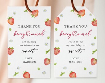 Strawberry Birthday Favor Tags : Berry First, Editable/Printable template (Instant Download) #H073