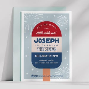 Convite de aniversário de picolé, convite de festa de verão legal, convite de picolé de 4 de julho, download instantâneo, modelo editável/imprimível, #H056