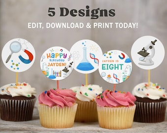 Vetenskaplig födelsedagsmuffinsdekorationer, Galen vetenskapsman-festklistermärken, Vetenskapslabb-födelsedag, direktnedladdning, utskrivbar/redigerbar mall, #H054