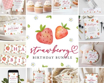 Strawberry Birthday Bundle : Invitation and Decorations (Instant Download, Editable/Printable template) #H073