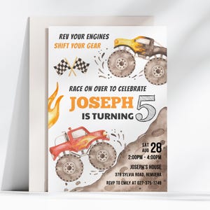 Bewerkbare uitnodiging monstertruck, uitnodiging vrachtwagenfeestje, uitnodiging Monster Bash, feestvarken, direct downloaden, afdrukbare sjabloon, #H003
