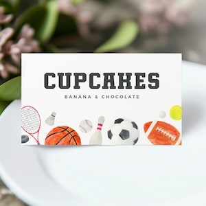 Etiqueta de comida de aniversário com tema esportivo, cartão de lugar dobrado para festa All Star, decoração de aniversário de menino, download instantâneo, modelo para impressão/editável, #H050