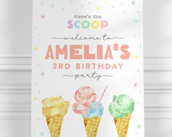 Bearbeitbares Eis Geburtstag Willkommensschild, Pastelleis Geburtstag Willkommensschild, Sommer Geburtstag, Sofort Download, druckbare Vorlage, #H055