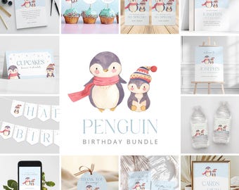 Editable Penguin Birthday Bundle, Christmas Party Collection, Winter Birthday Decorations, Instant Download, Printable template, #H008