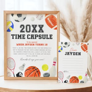 Letrero de cápsula del tiempo de cumpleaños con temática deportiva, tarjeta con mensaje a juego, decoración para el primer cumpleaños de niño, descarga instantánea, plantilla editable/imprimible, n.° H050