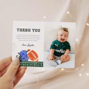 Cartão de agradecimento com foto de aniversário de futebol, nota de agradecimento para festa de futebol, aniversário de menino, modelo editável/para impressão, download instantâneo, #H052