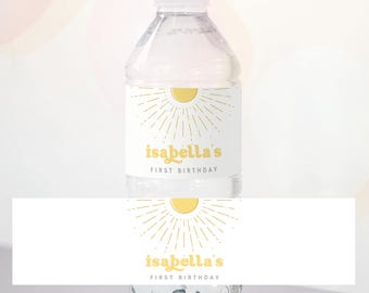 Etiqueta para botella de agua de cumpleaños Boho Sunshine: Primer viaje alrededor del sol (Descarga instantánea, plantilla editable/imprimible) #H033