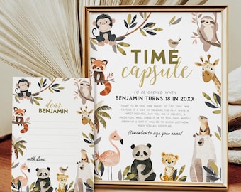 Safari Animals Time Capsule Sign & Message Cards : Wild One Birthday (Instant Download, Editable/Printable Template) #H072