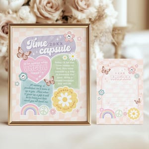 Letrero de cápsula del tiempo de cumpleaños de Groovy Girl, tarjeta con mensaje a juego, letrero de fiesta retro pastel, descarga instantánea, plantilla editable/imprimible, n.° H062