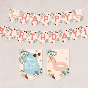 Banner de feliz cumpleaños para fiesta en la piscina, banderines para fiesta de natación, decoración de cumpleaños de verano, descarga instantánea, plantilla editable/imprimible, n.° H057