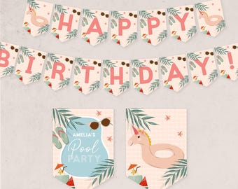 May include: A set of pink and green party decorations with a tropical theme. The decorations include a banner that says "Happy Birthday!" and two signs that say "Amelia's Pool Party".