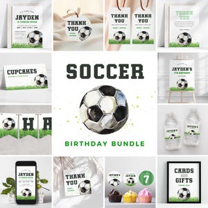 May include: Soccer birthday party printable bundle with a watercolor soccer ball design. Includes invitations, thank you cards, cupcake toppers, water bottle labels, and a banner.