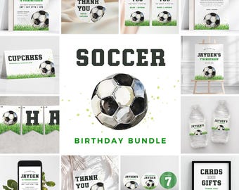 Puede incluir: Paquete de imprimibles para una fiesta de cumpleaños de fútbol con un diseño de balón de fútbol de acuarela. Incluye invitaciones, tarjetas de agradecimiento, adornos para cupcakes, etiquetas para botellas de agua y una pancarta.