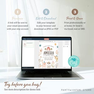 May include: A laptop displays a customizable birthday party invitation template. The invitation features a farm animal theme with the name "AMELIA" and the phrase "IS TURNING THREE." Instructions for purchase, editing, and sharing are also displayed.
