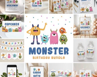 May include: A printable monster birthday party bundle with colorful monsters, banners, cupcake toppers, water bottle labels, thank you tags, and invitations. The text on the invitation says "My Little Monster Benjamin is turning three!"