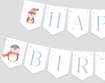 Editable Penguin Happy Birthday Banner, Christmas Party bunting banner, Winter Birthday Flag, Instant Download, Printable template, #H008